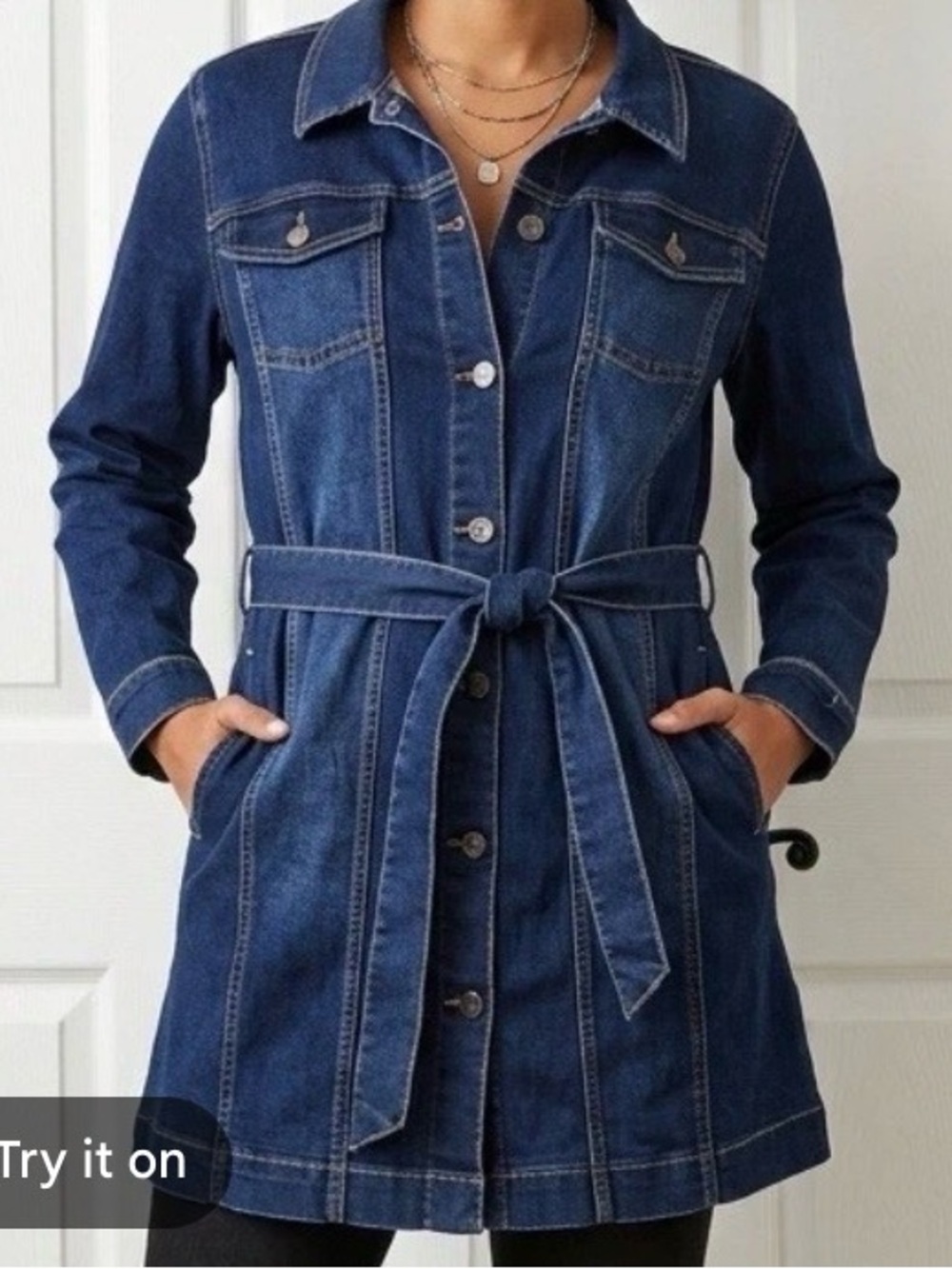 J. Jill Medium Blue Denim Tie-Waist Trench Jacket